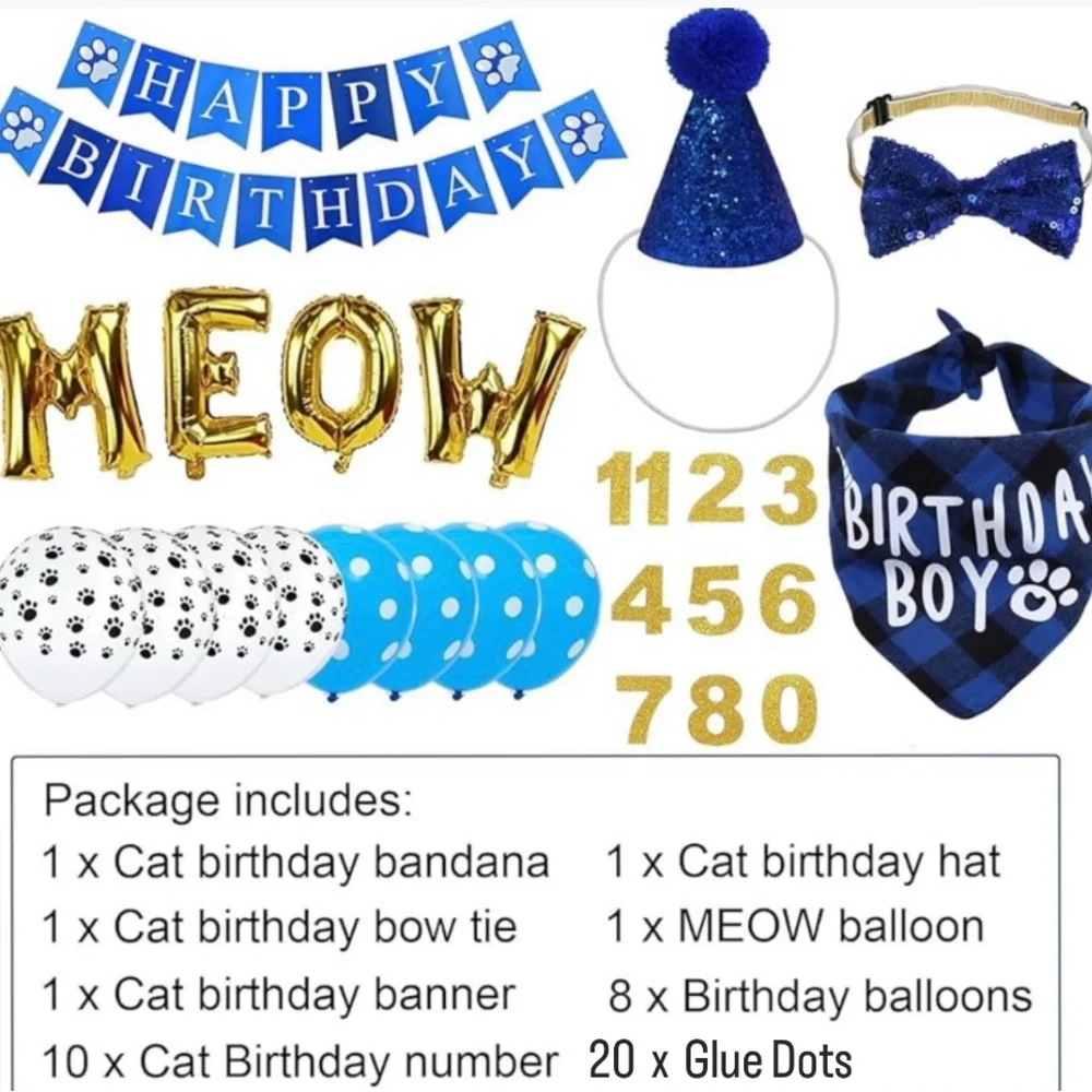 💞 New 43-Piece Blue & Gold Cat Birthday Party Set